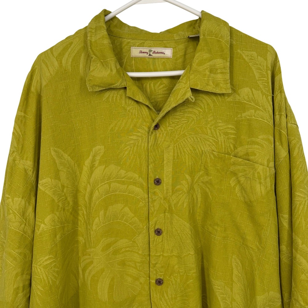 Tommy Bahama Mens XXL Lime Green 100% Silk Jacquard Tropical Leaf Camp Shirt